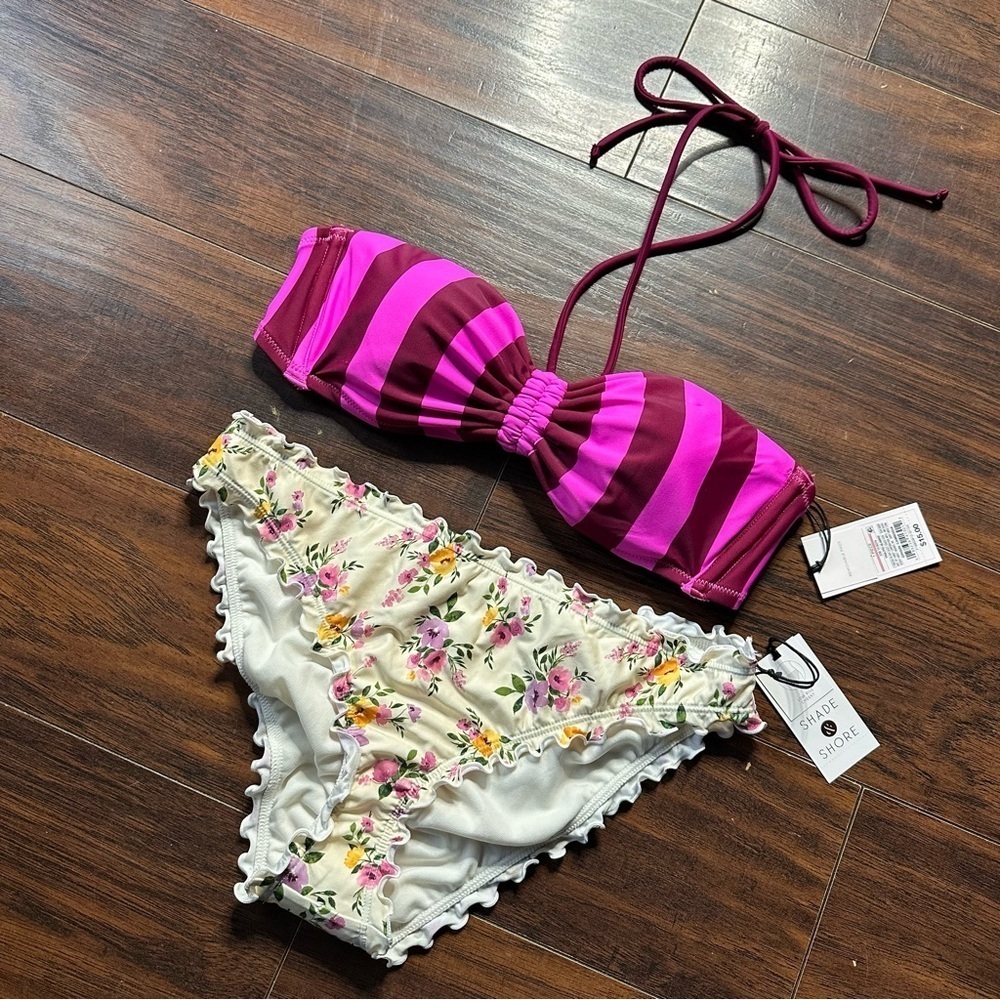 Shade & Shore Pink Floral Ruffle Striped Bikini
